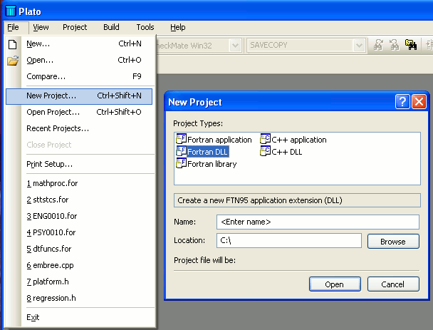 Plato3 - File, New Project - create Fortran .dll project